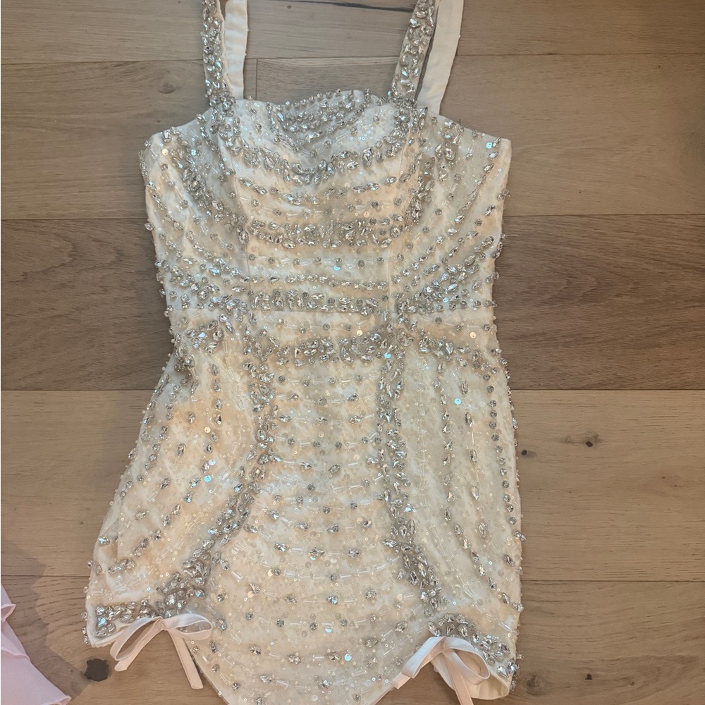 Embellished Ivory Beaded Mini Dress - Picture 3 of 5